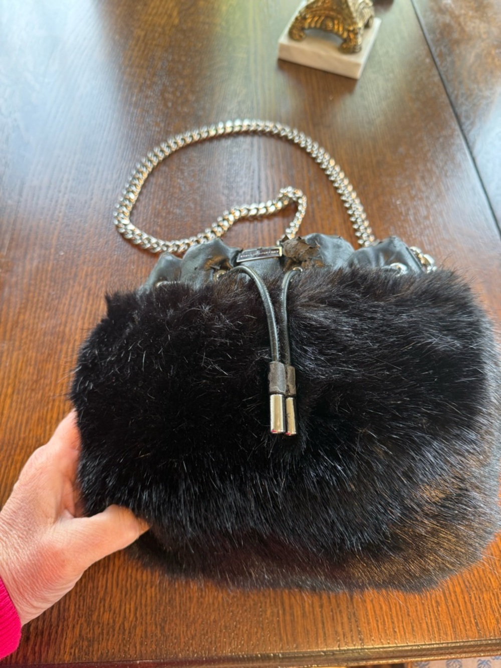 Faux Fur Bucket Bag with Chain Strap - Black